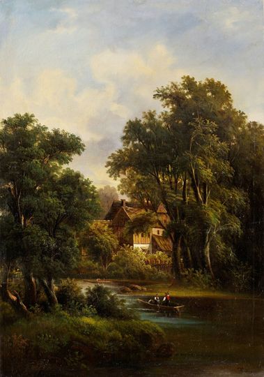 Dvaja v člnku v romantickej krajine