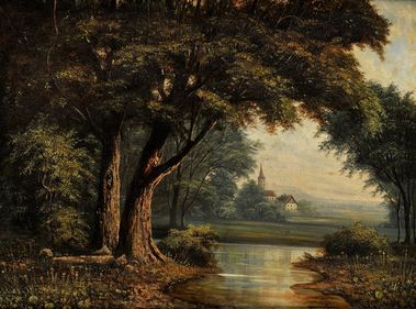 Krajina s jazierkom a kostolíkom