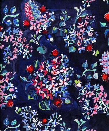 Kytica hyacintov, malých ruží a motýľov na modrom pozadí