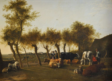 Dedinská krajina s dobytkom